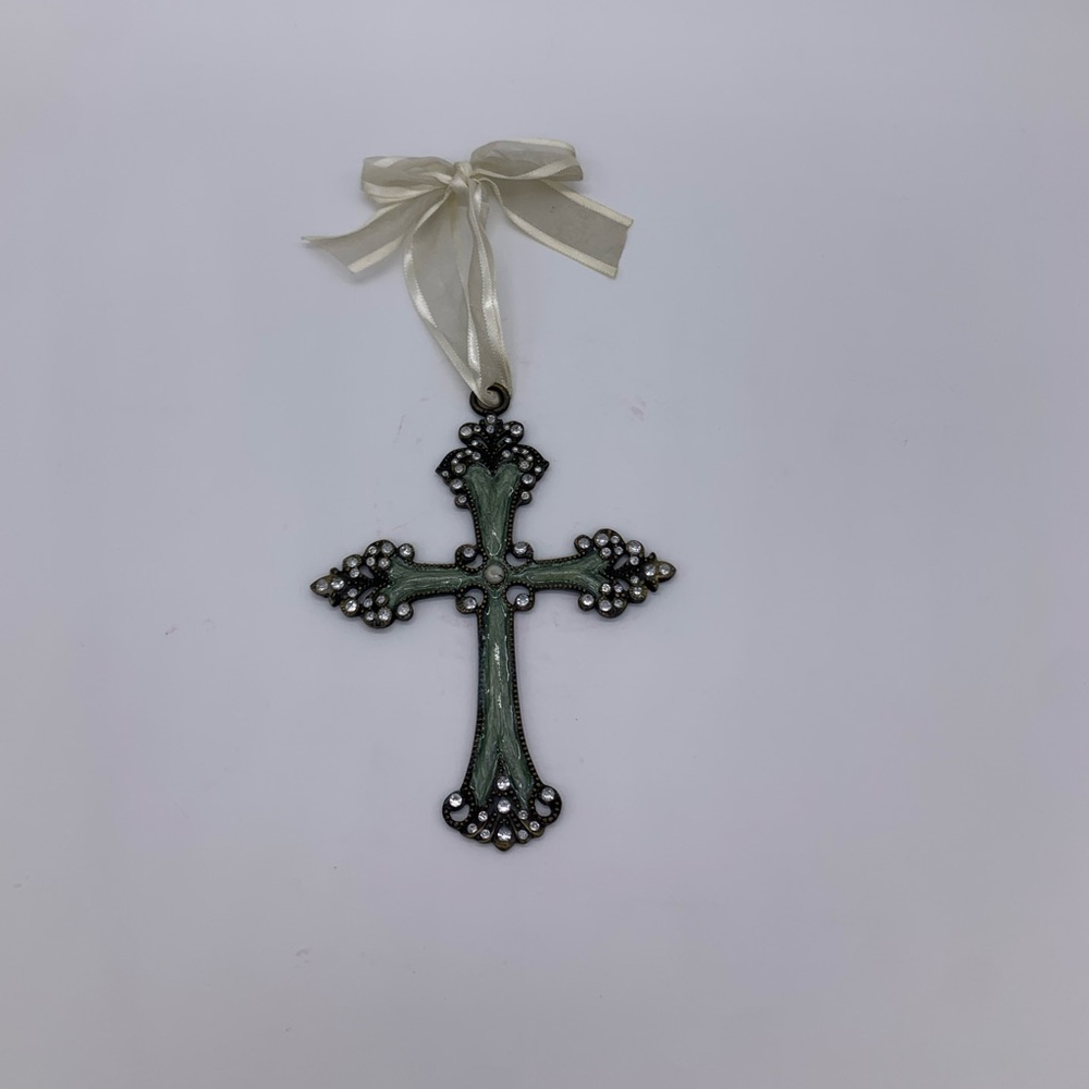 Vintage Metal Ornate Jeweled Hanging Cross Crusifix Ornament Seafoam Green  5.5”